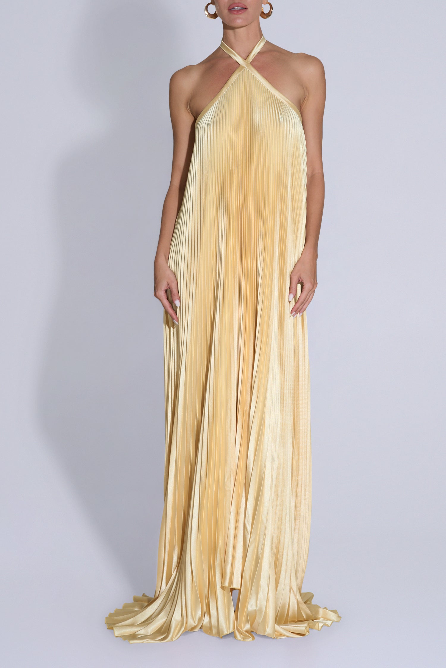 l'idee gold dress L'IDE Opera Halter Cutout Maxi Gown