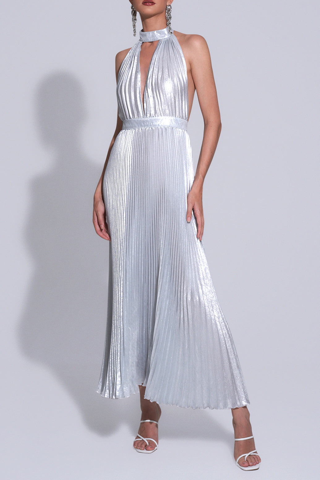 l'ide chateau halter front-cutout pleated midi dress L'IDEE Chateau Gown in Mirror