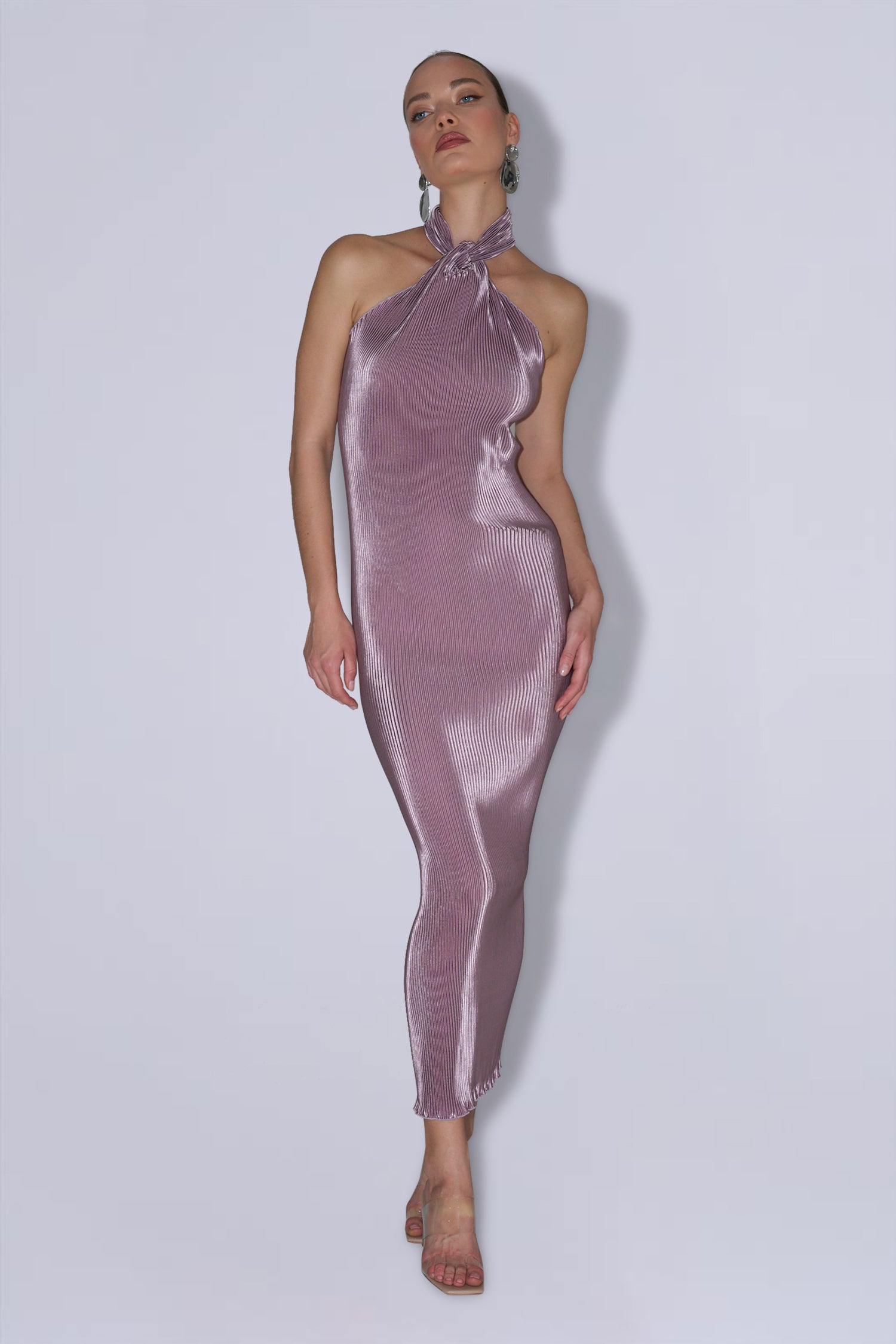 90's halter dress L'IDEE in Purple *slight discoloration on the Color:Dark Dots elegant linen dresses Tina Holly Couture TW030