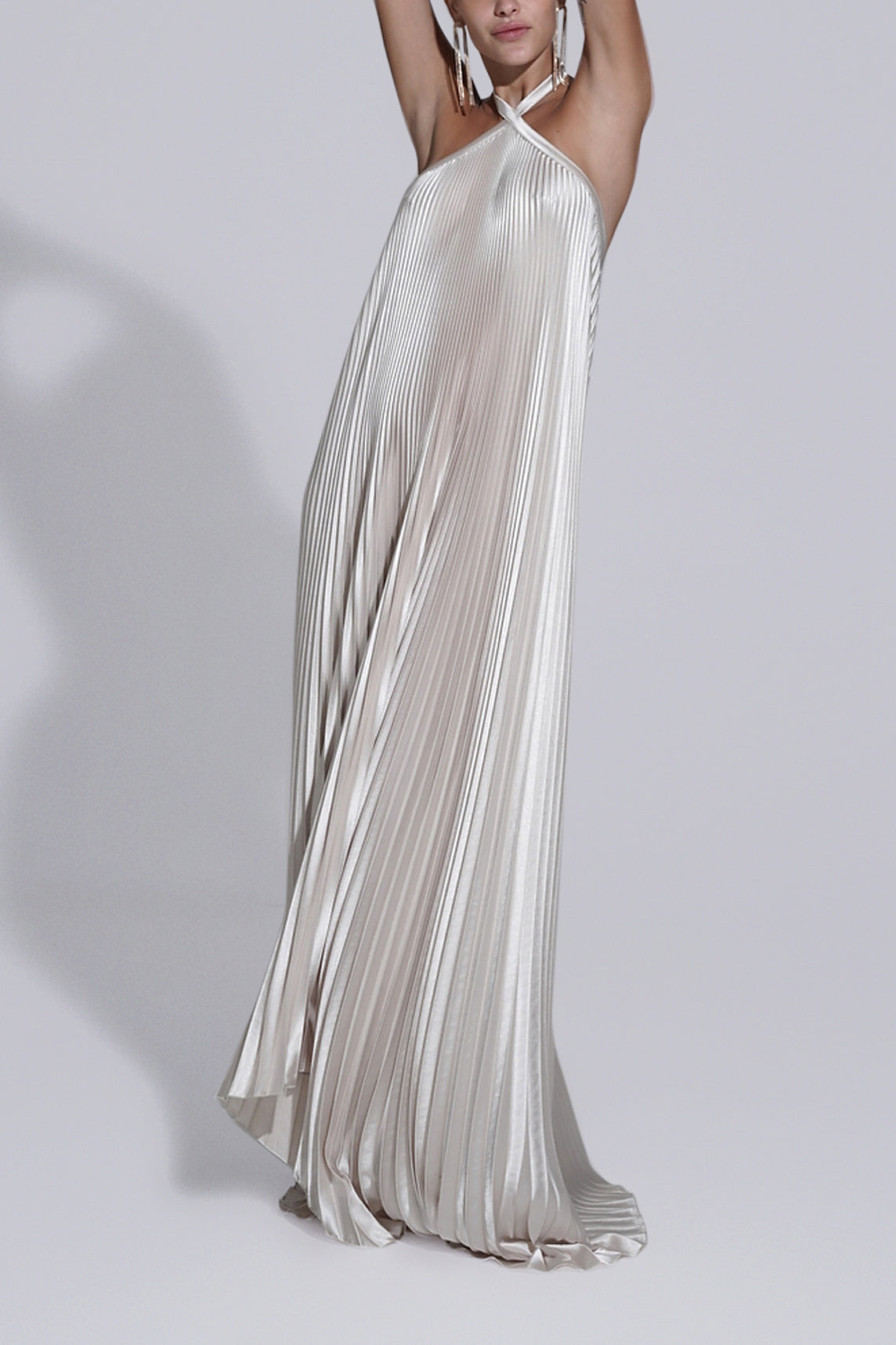 l'ide deesse halter pleated column maxi dress L'Idee | Dresses | New Nwt Lidee Deesse Halter Pleated Column Maxi Gown Hibiscus Midnight